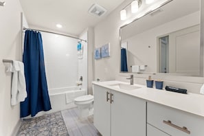 Hair dryer, towels, soap, shampoo