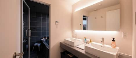 Hair dryer, bidet, towels, soap