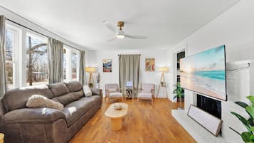 Una Smart TV, una chimenea, libros, una biblioteca de música