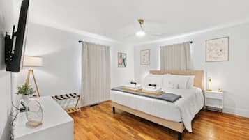 1 bedroom, desk, iron/ironing board, travel cot