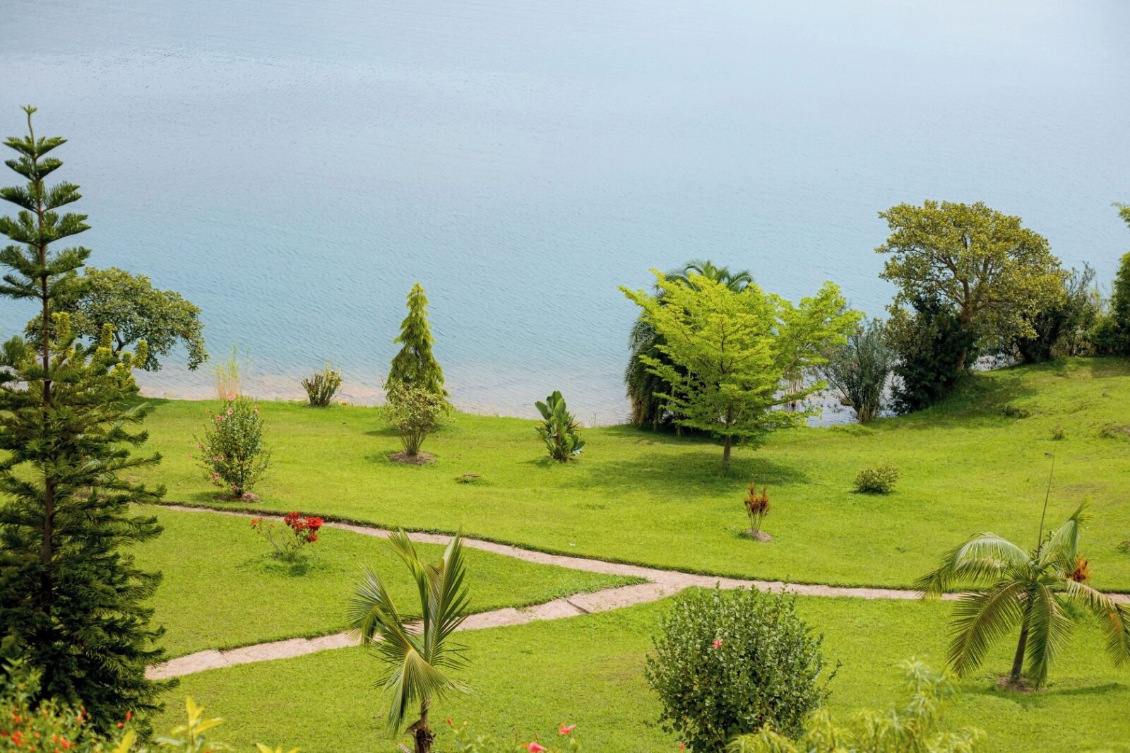 Um jardim ajardinado com diversas árvores e arbustos, céu claro e um corpo d'água ao fundo.