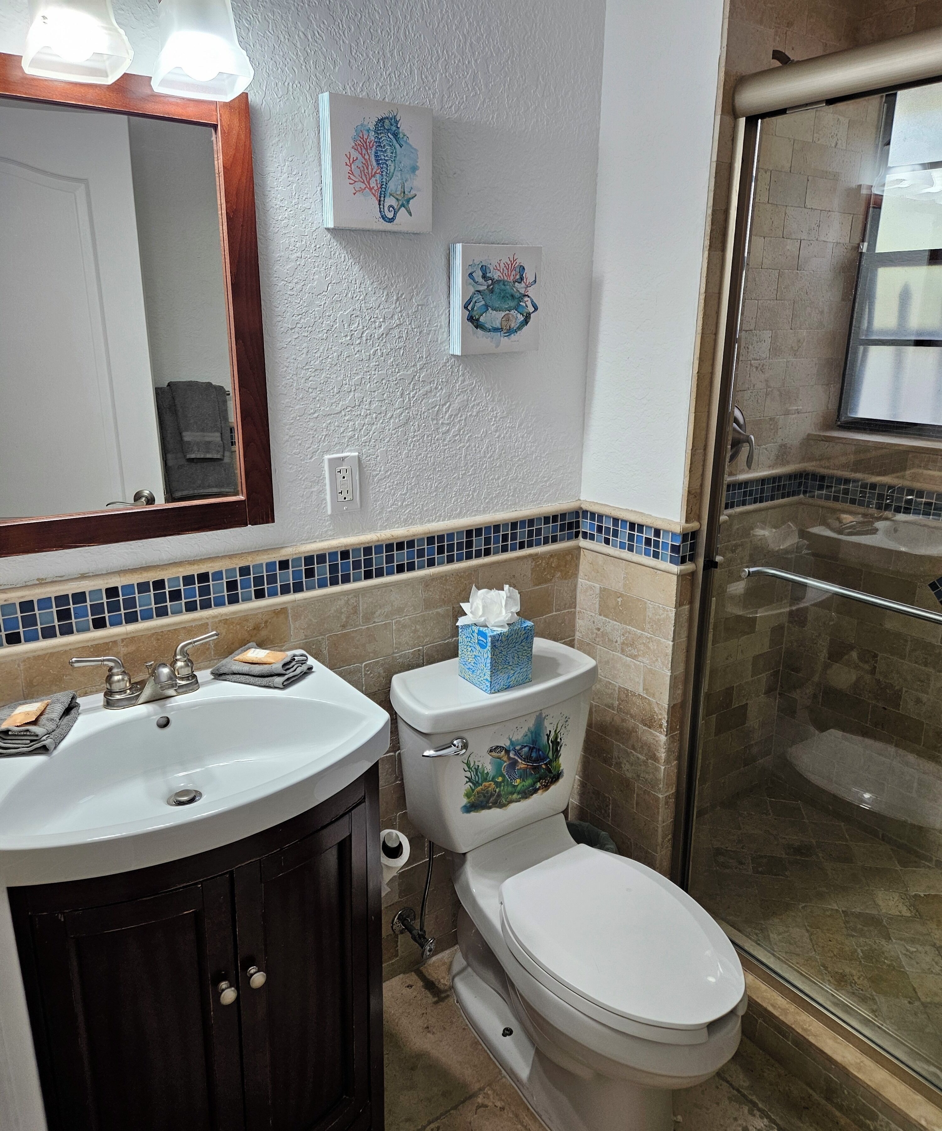 Douche, sèche-cheveux, serviettes fournies, papier toilette