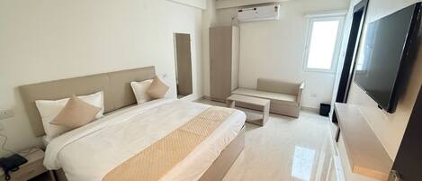 Desk, laptop workspace, blackout curtains, iron/ironing board