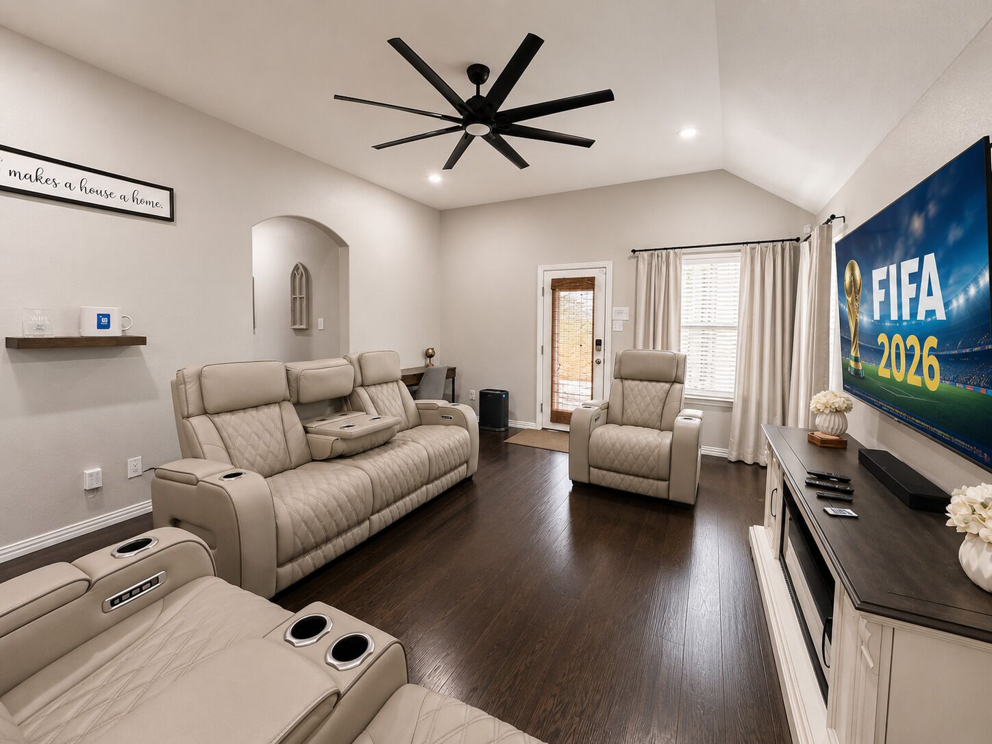 Smart TV, fireplace, books, stereo