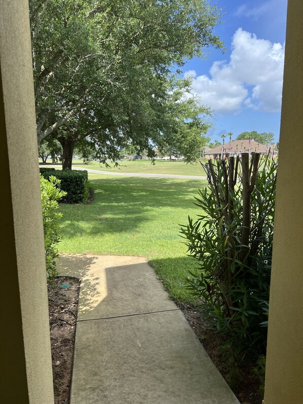 A pathway leading to a grassy area with a large tree and a view of houses in the distance.