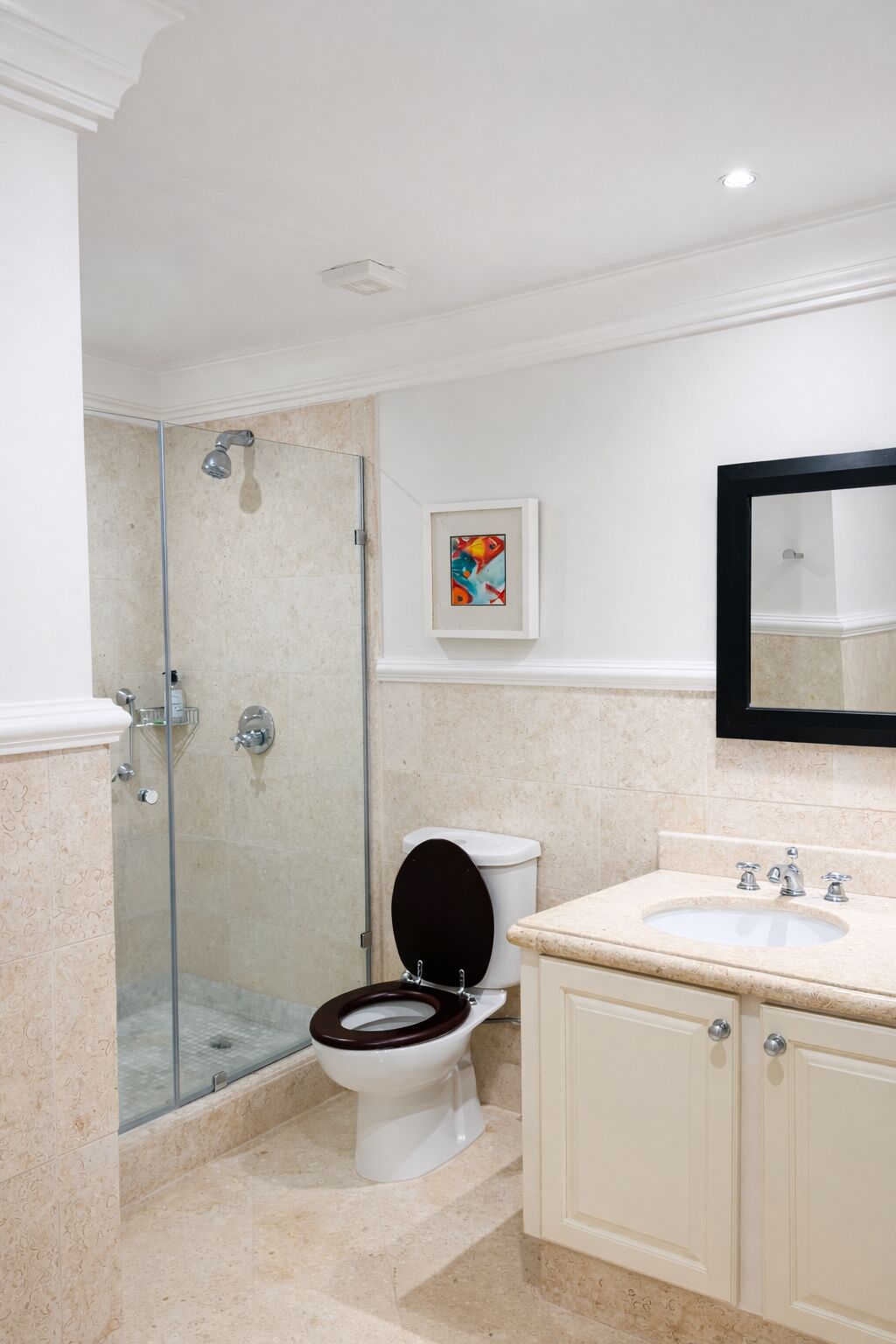 Shower, hair dryer, towels, shampoo