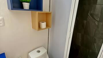 Ein Badezimmer mit Toilette, einem blauen Regal mit Topfpflanze und einer Duschkabine.
