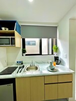 Frigobar, microondas, placa de cocina, utensilios de cocina