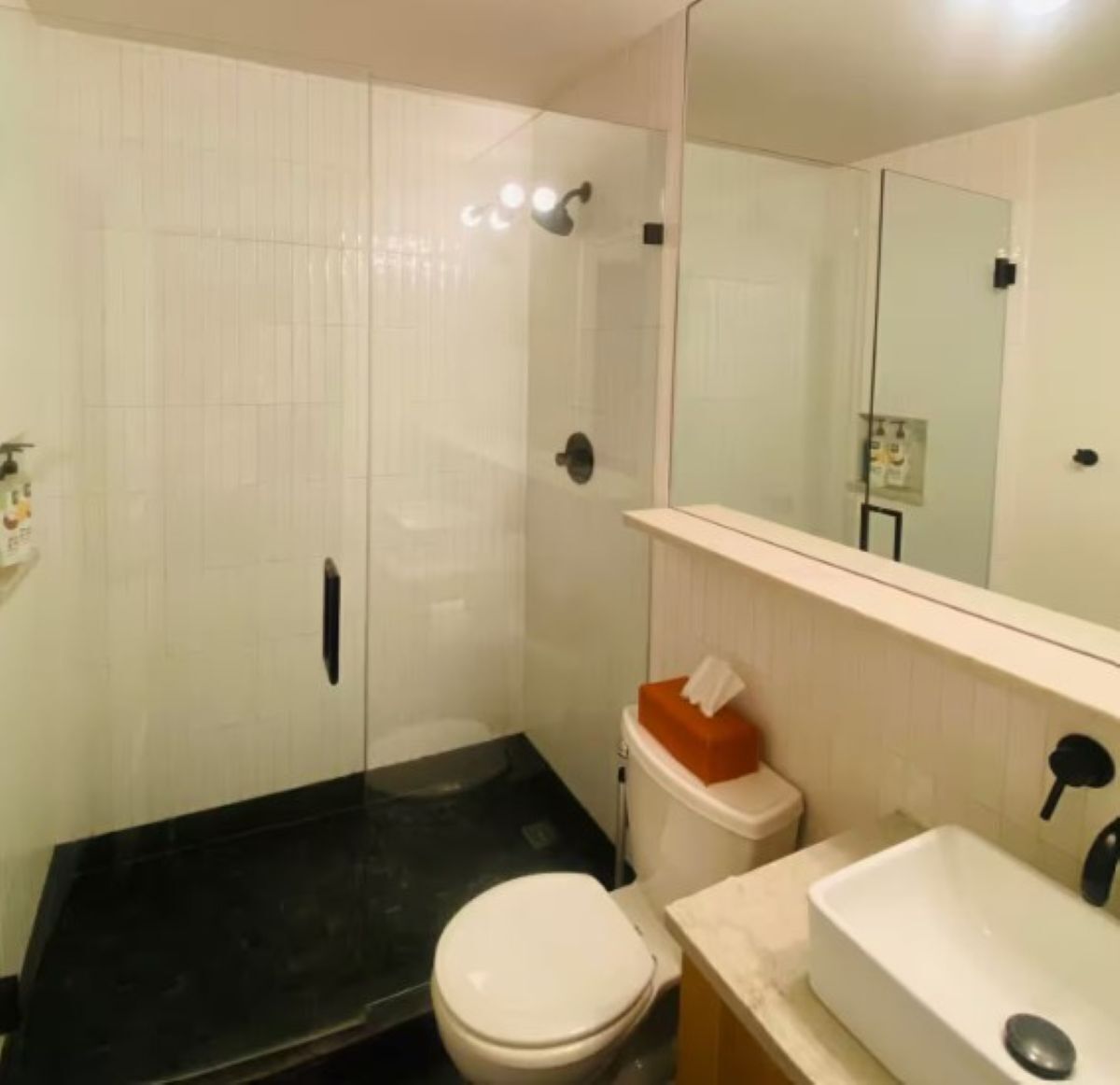 Douche, sèche-cheveux, serviettes fournies, savon