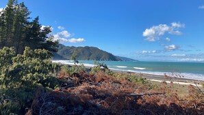 Eine Küstenlandschaft mit Strand, bewaldeten Hügeln und blauem Himmel.