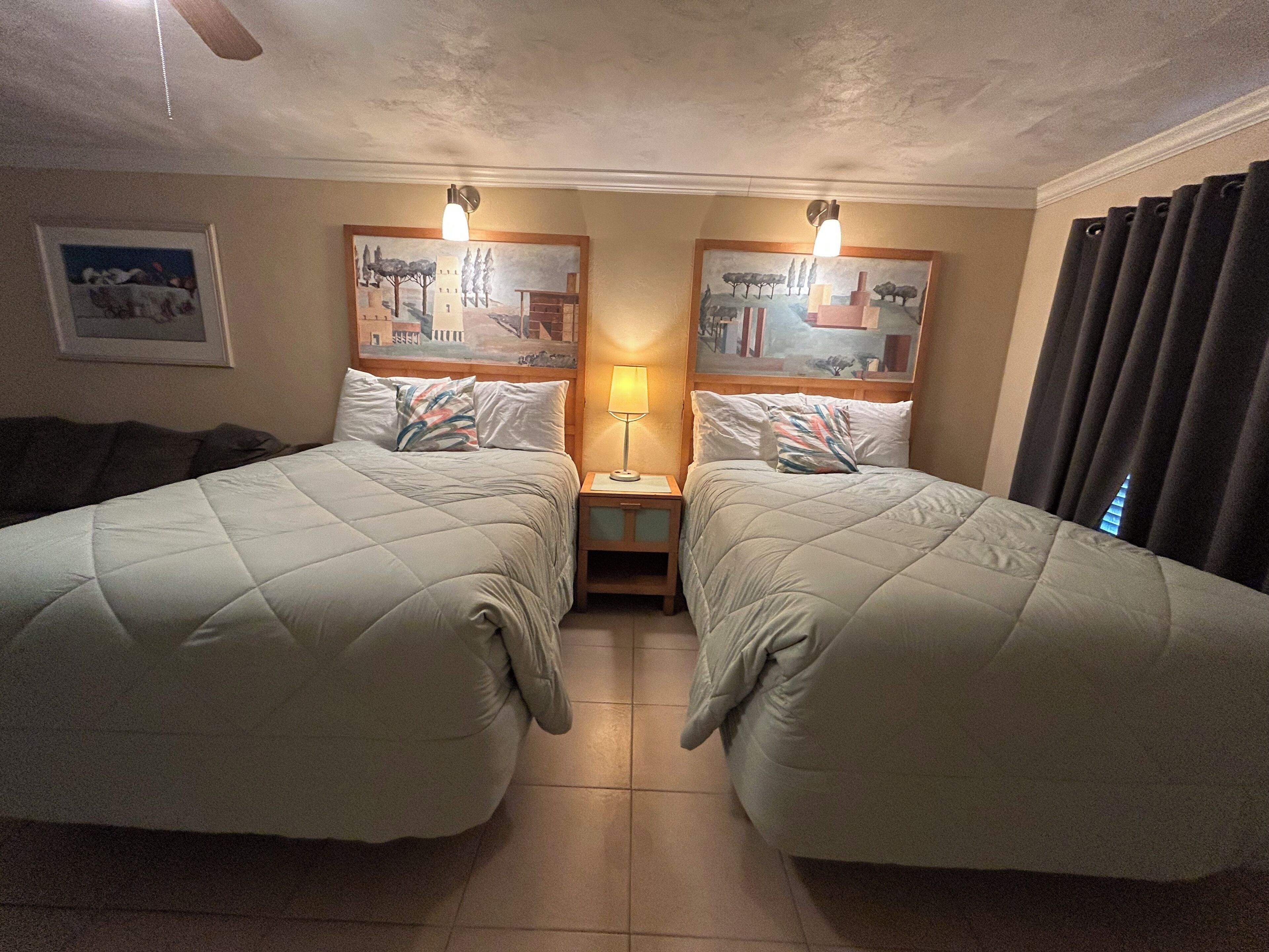 Deluxe Studio, 2 Double Beds, Beachside | Desk, laptop workspace, bed sheets