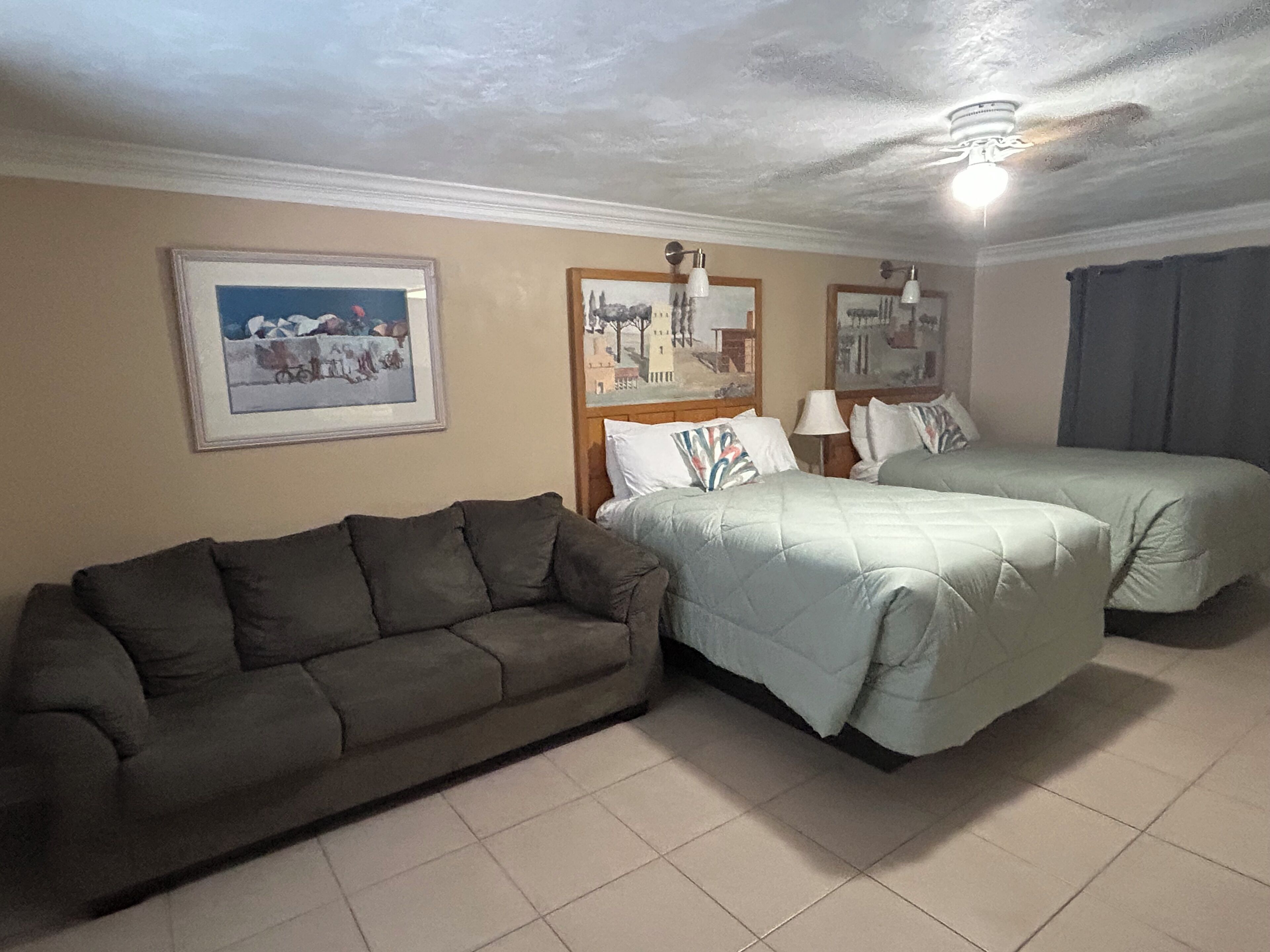 Deluxe Studio, 2 Double Beds, Beachside | Desk, laptop workspace, bed sheets