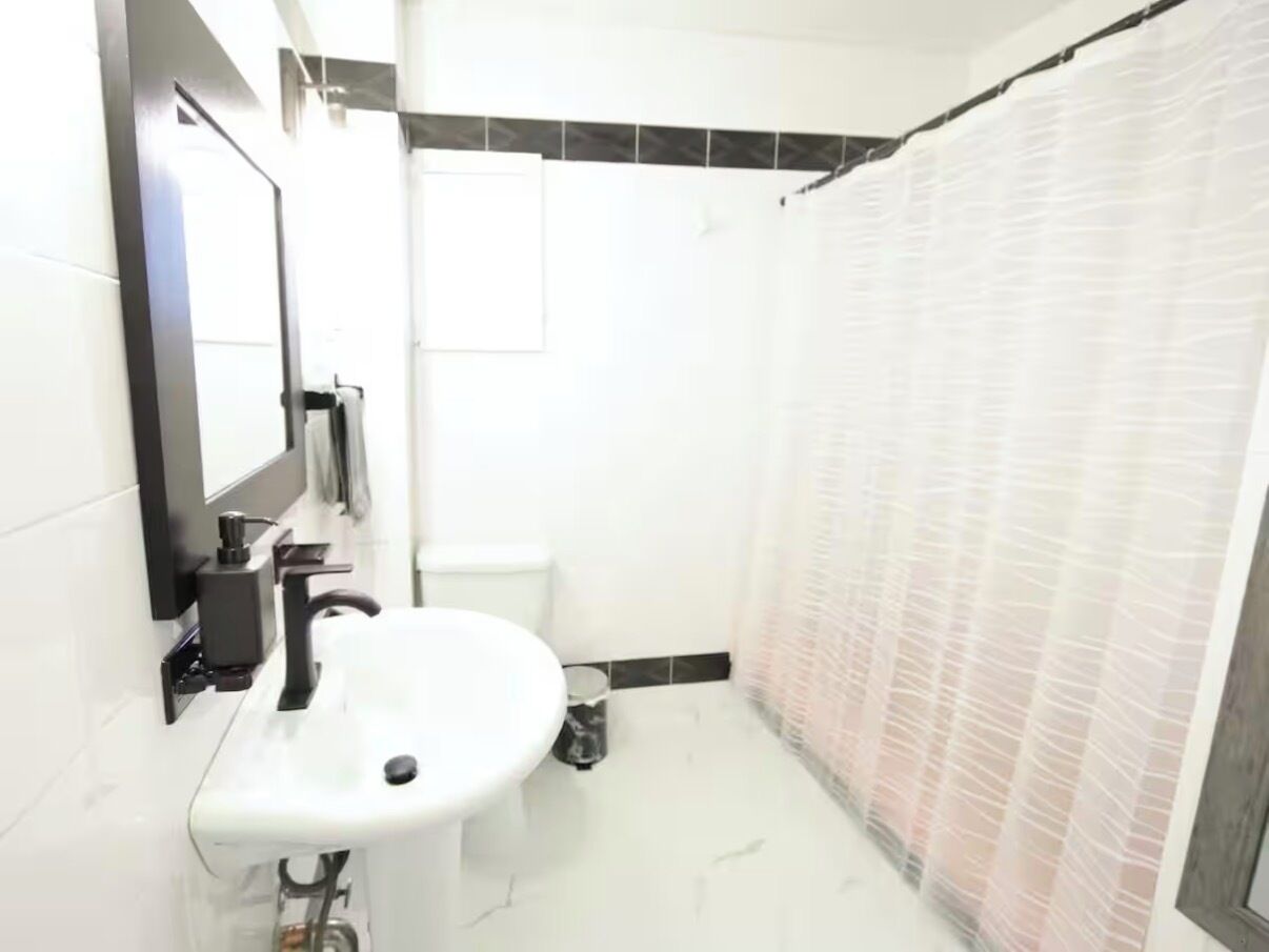 Hair dryer, towels, soap, toilet paper