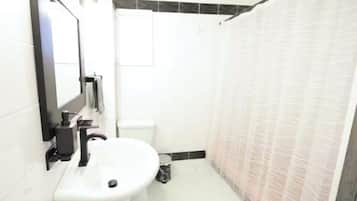 Hair dryer, towels, soap, toilet paper