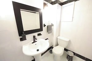 Hair dryer, towels, soap, toilet paper