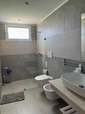 Douche, séchoir à cheveux, bidet, serviettes fournies
