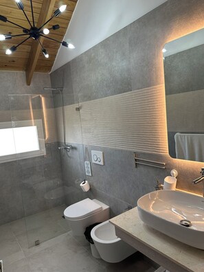Douche, séchoir à cheveux, bidet, serviettes fournies
