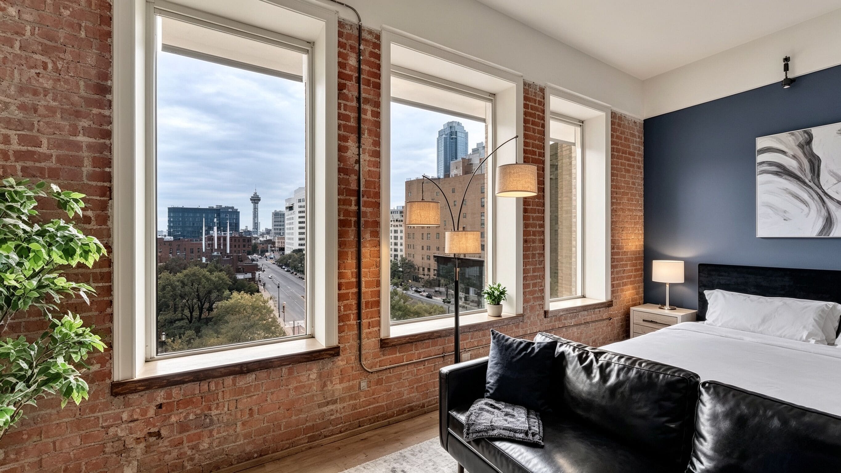 A modern bedroom with large windows, a city view, a black leather sofa, and a bed with white linens.