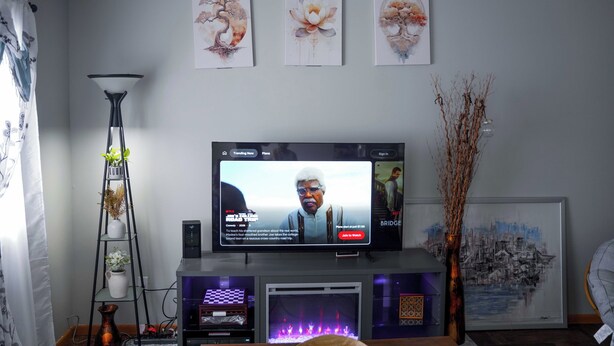 Ein Wohnzimmer mit einem Flachbildfernseher, einer stehenden Stehlampe und drei gerahmten Kunstwerken an der Wand.
