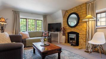 Smart TV, fireplace, books, computer monitors