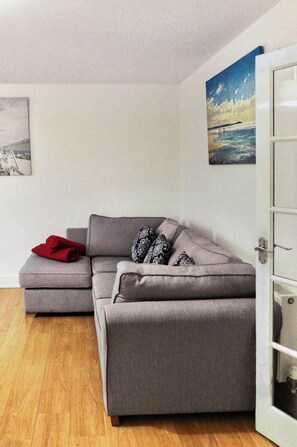 A grey sofa with patterned pillows, a red blanket, and a painting of a seascape on the wall.