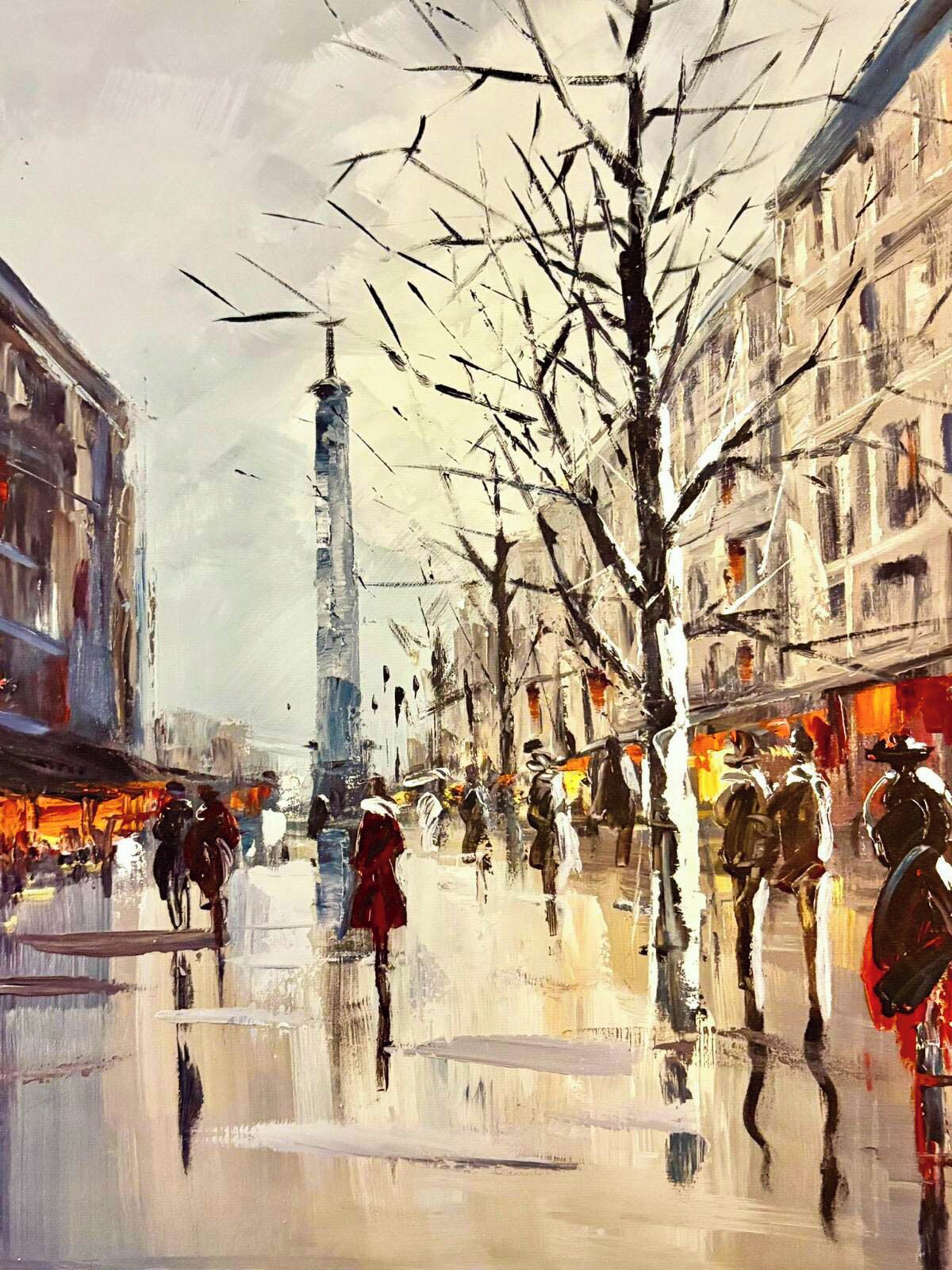 A street scene with buildings, a reflective surface, and people.