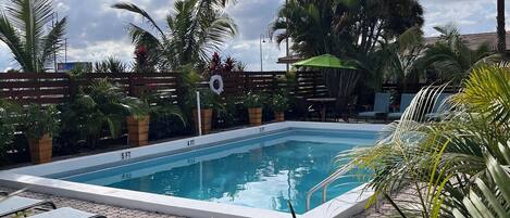 Et rektangulært swimmingpool med fliseterrasse, omgivet af palmer og potteplanter.