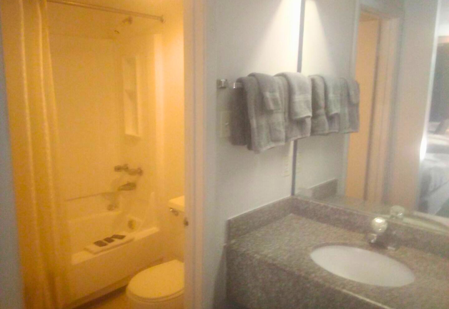 Hair dryer, towels, soap, toilet paper