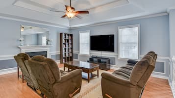 Smart TV, fireplace, video games, DVD player