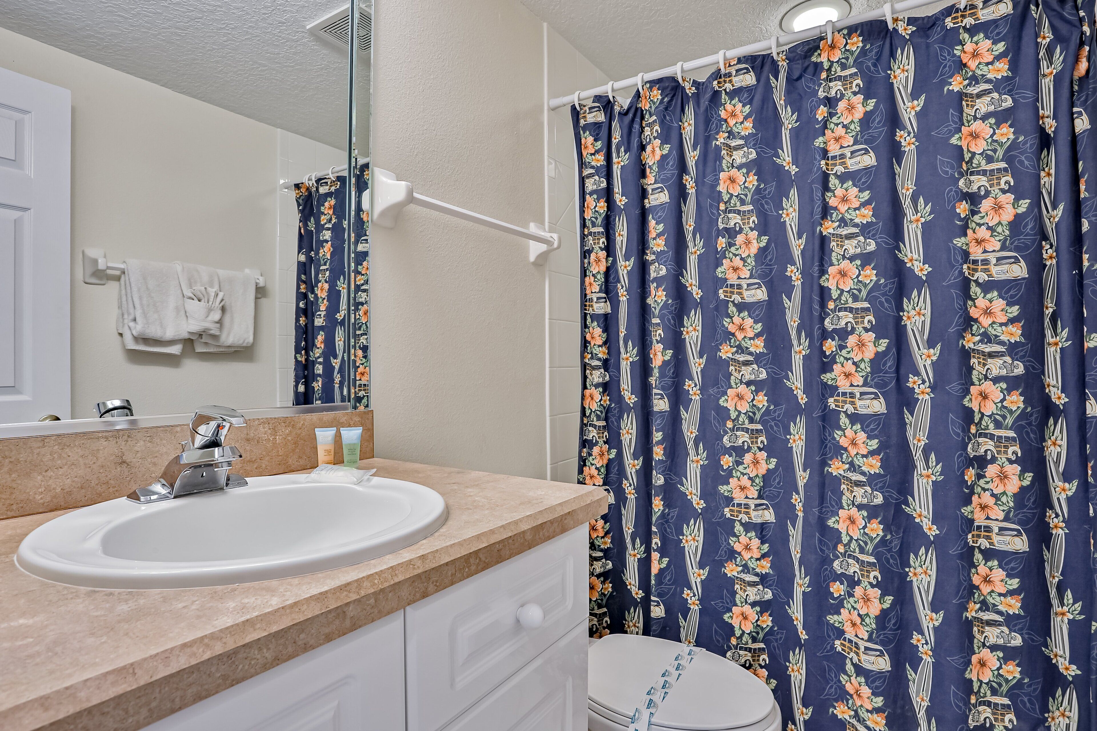 A bathroom with a white sink, a mirror, and a shower curtain with a floral pattern.
