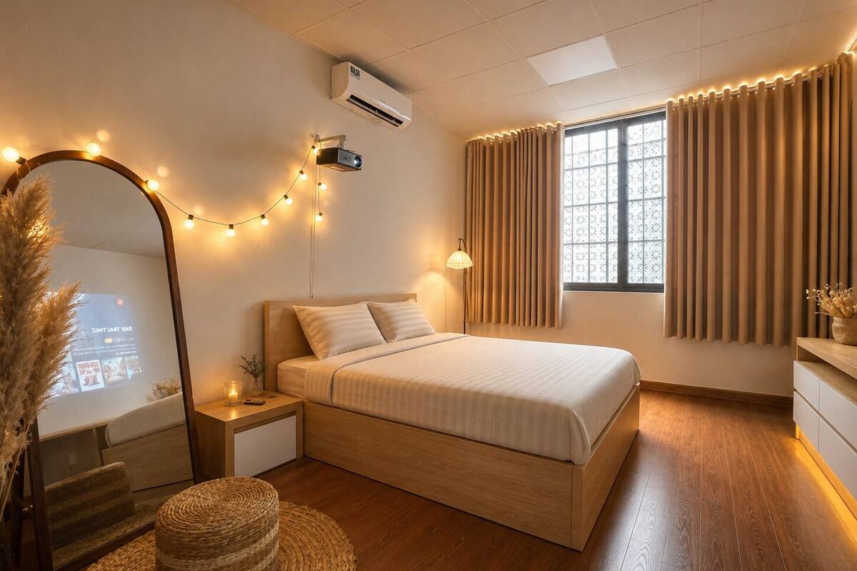 A bedroom with a bed, bedside table, lamp, mirror, air conditioning unit, window with curtains, and a projector screen.