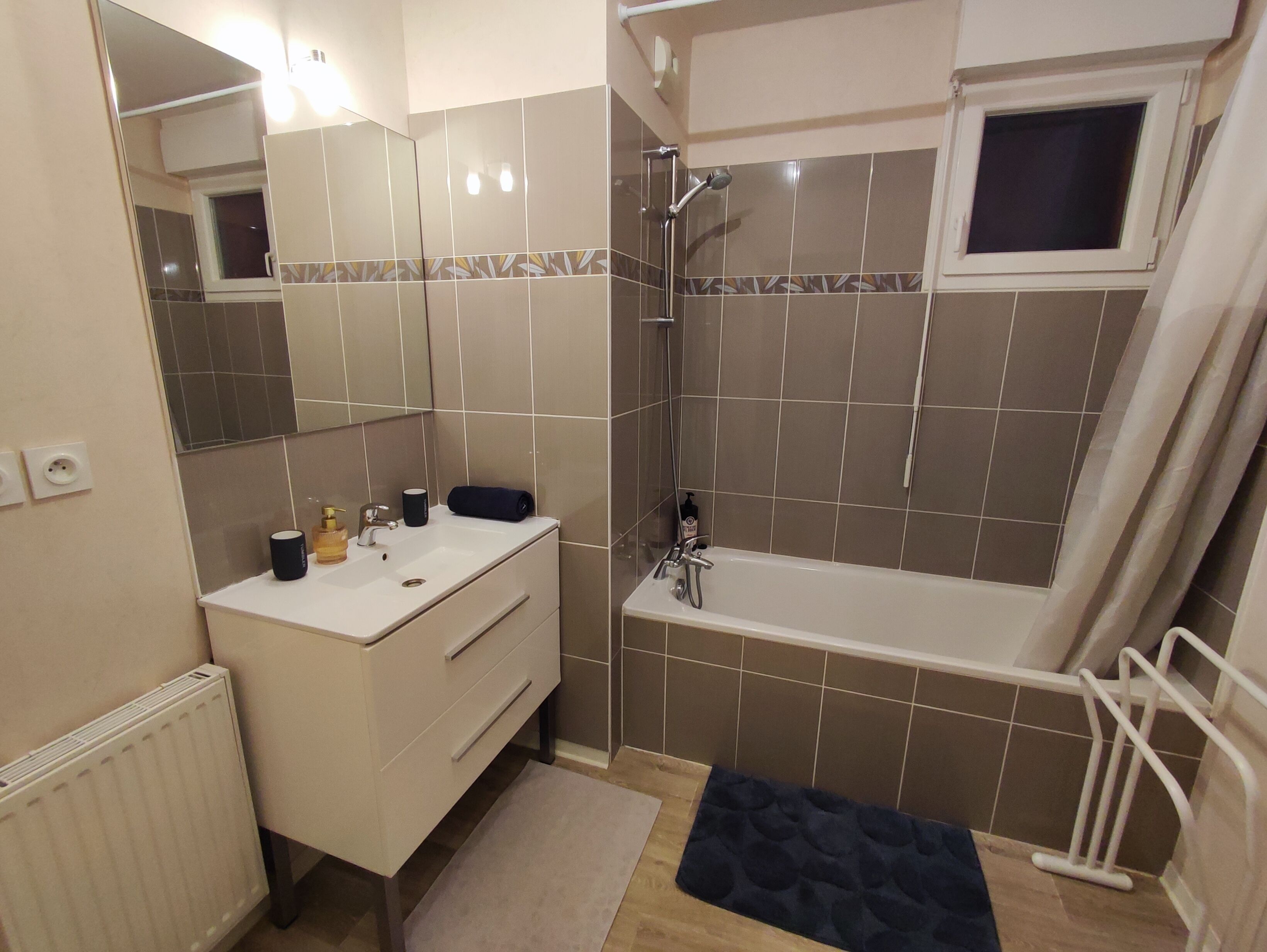 Hair dryer, towels, soap, toilet paper