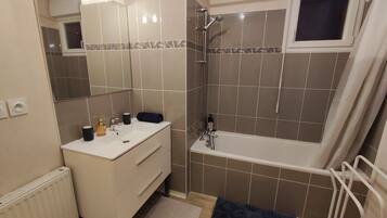 Hair dryer, towels, soap, toilet paper