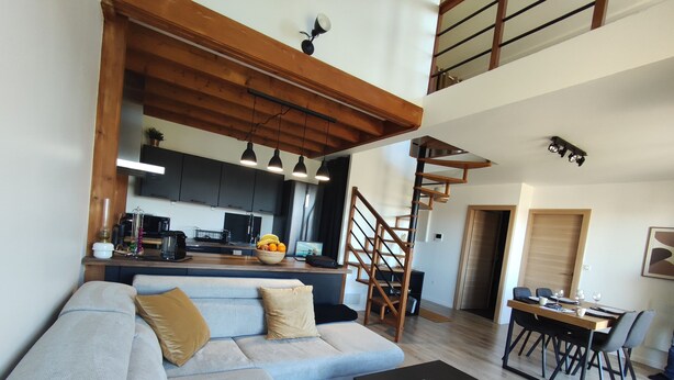 A modern living room with a sofa, a coffee table, and a dining area with a table and chairs. - Duplex moderne, chaleureux au calme à Toison d'or (Dijon)