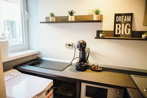 Superior Studio, Kitchenette, City View | Private kitchen | Espresso maker, coffee/tea maker, electric kettle - OldTown Suites Smârdan - Pumo Properties (Bucharest)