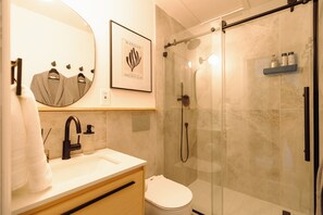 Hair dryer, towels, soap, shampoo