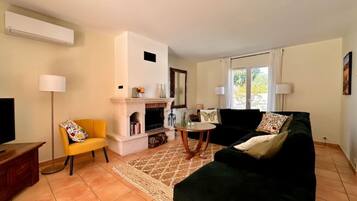 Smart TV, fireplace, books, stereo