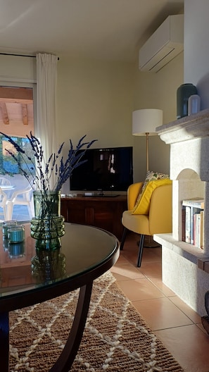 Smart TV, chimenea, libros y estéreo 