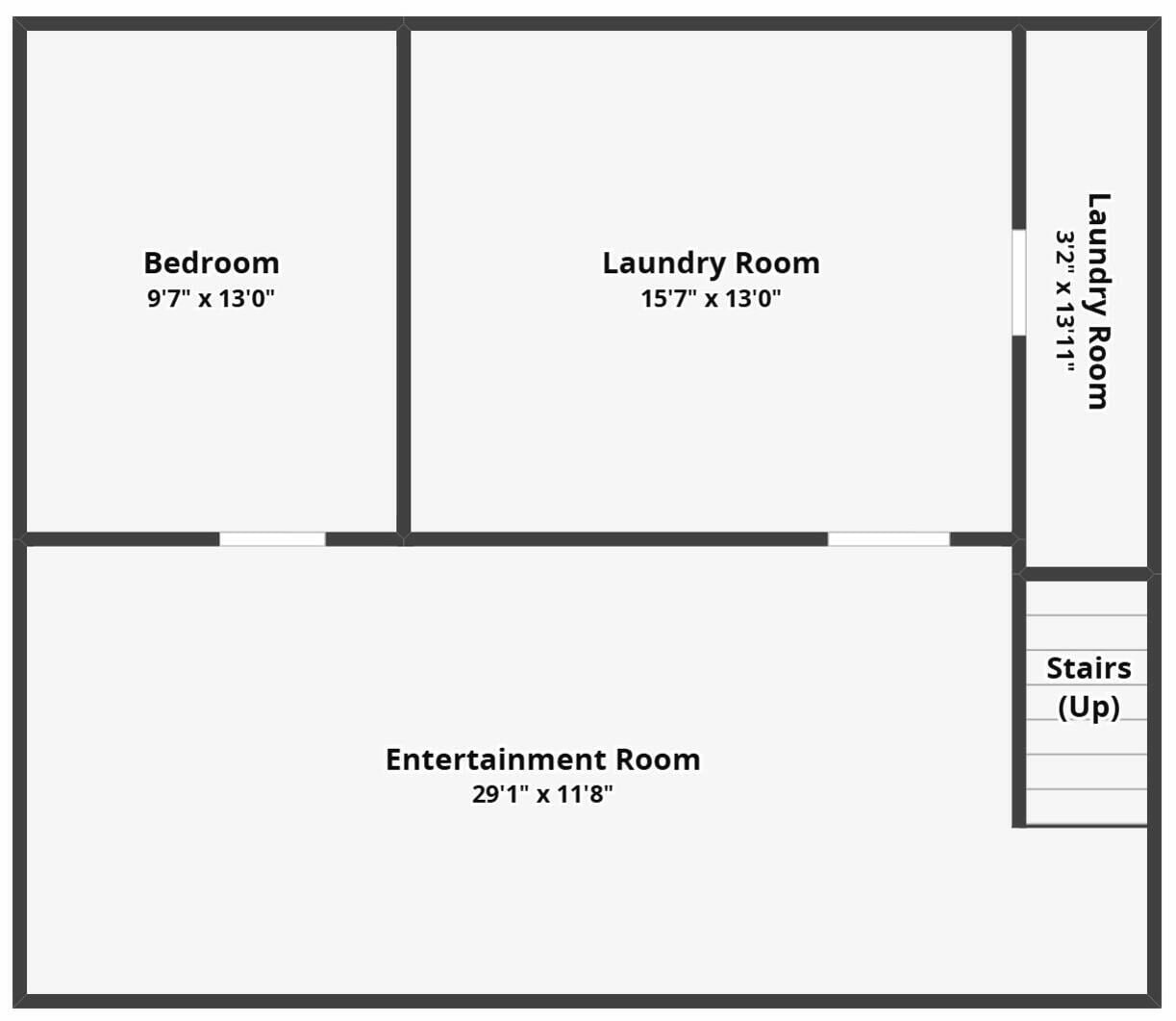 A floor plan with a bedroom (9'7" x 13'0"), a laundry room (15'7" x 13'0"), an entertainment room (29'1" x 11'8"), and a staircase leading up.