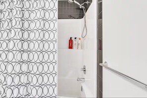 Hair dryer, towels, soap, toilet paper
