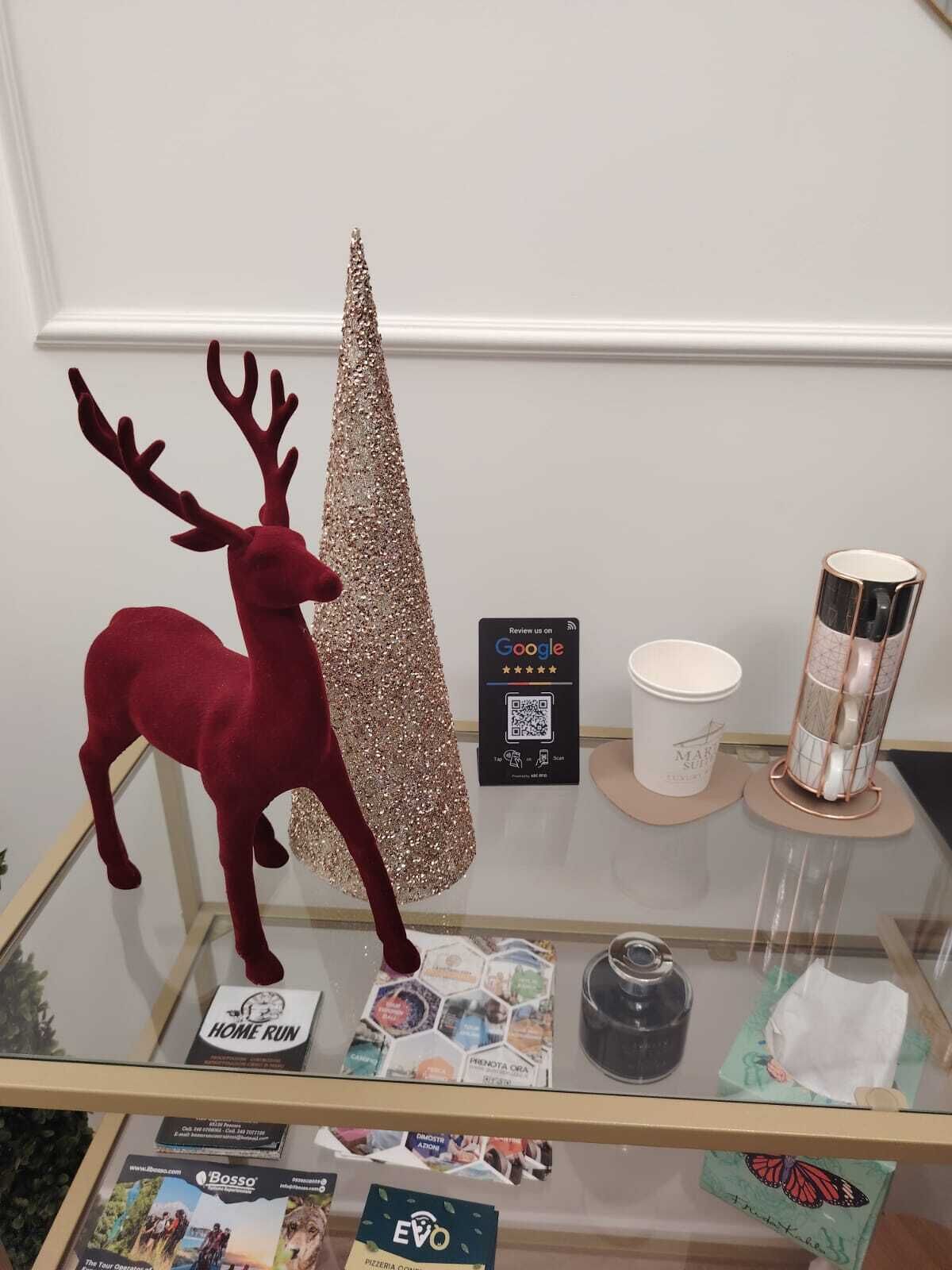 Un présentoir avec un cerf en peluche rouge, un cône scintillant, un code QR, une tasse blanche, un récipient cylindrique et des brochures.