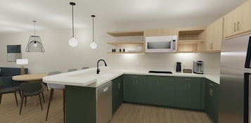Geladeira, micro-ondas, cooktop, lava-louças
