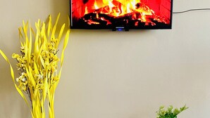 Ett rum med en TV som är monterad på väggen och visar en bild av en öppen spis, en vit vas med gula blommor och ett litet vitt bord med en grön växt.