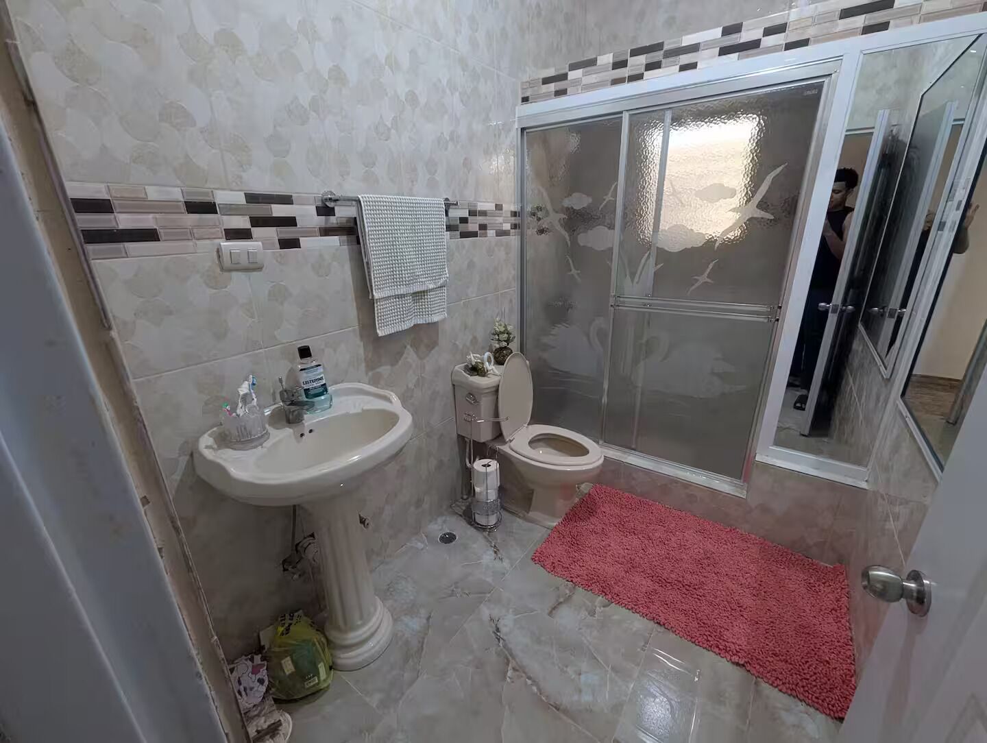 A bathroom with a pedestal sink, toilet, and a glass-enclosed shower area.