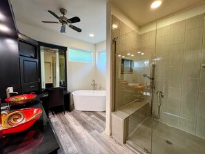 Shower, hair dryer, towels
