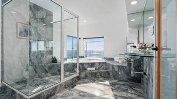Shower, hair dryer, towels, shampoo
