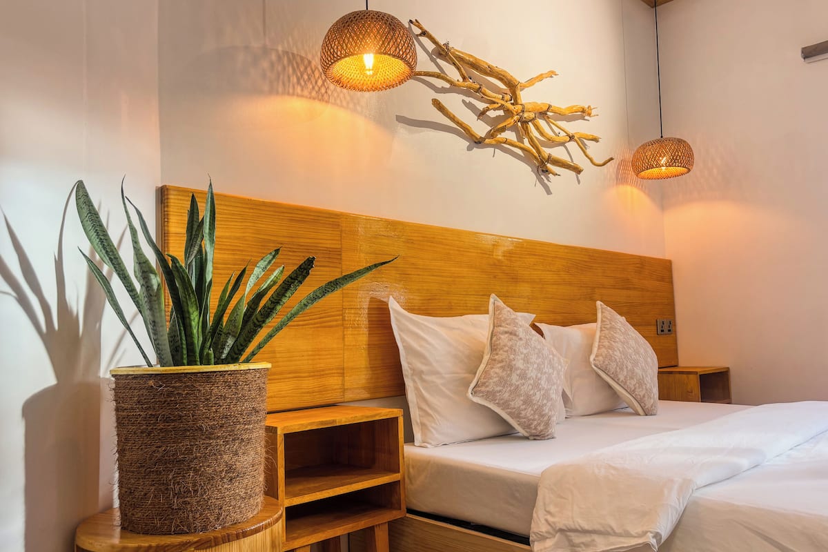 A neatly arranged bedroom with a wooden headboard, a potted plant, a cat tree, and two bedside lamps.