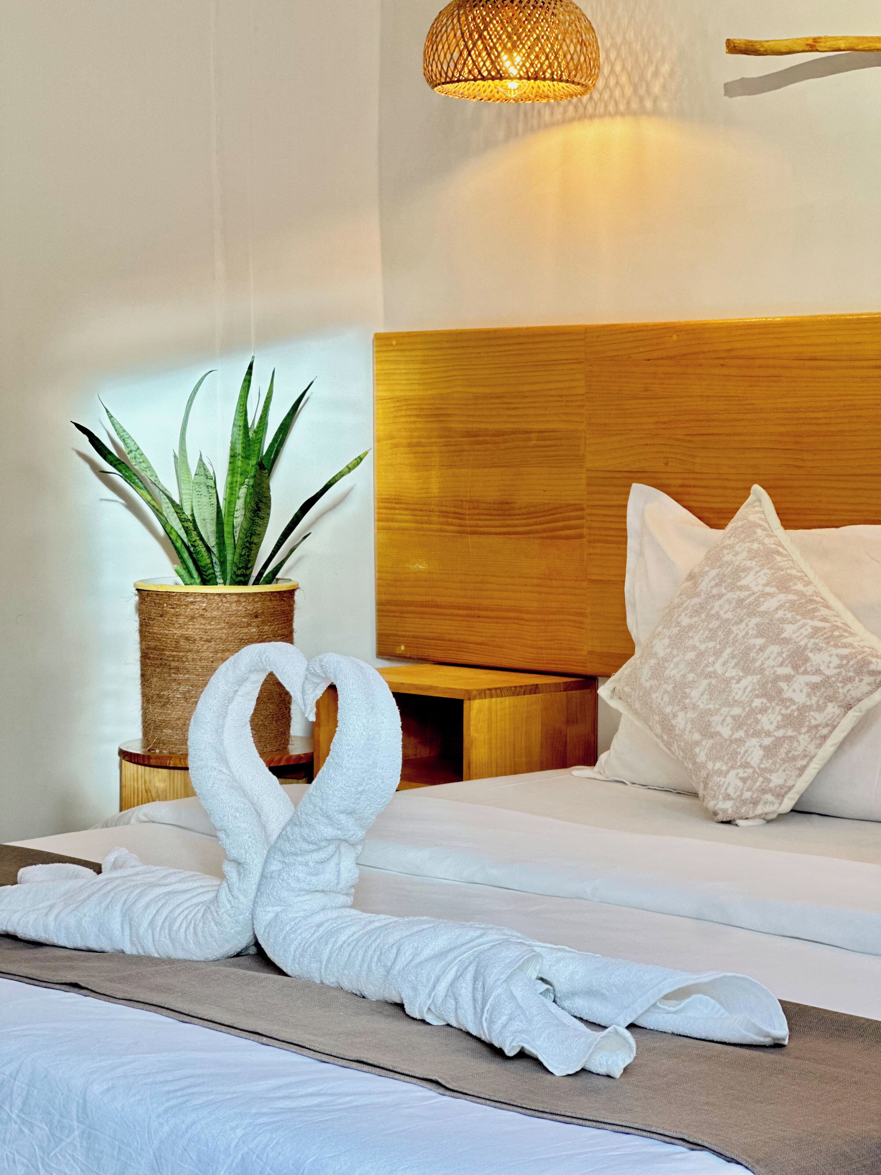 A neatly made bed with a towel shaped like swans, a potted plant, and a wooden headboard.
