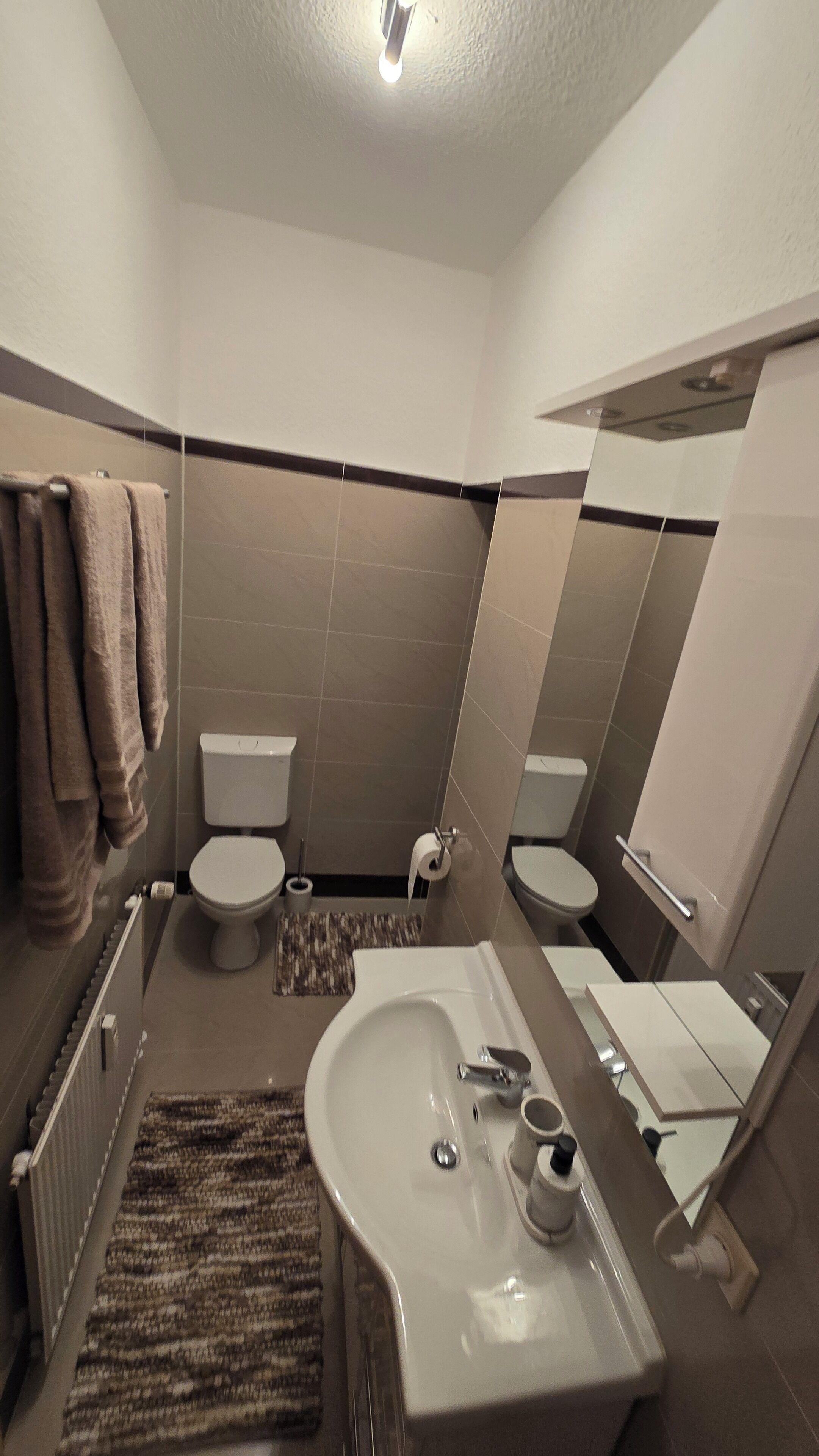 Shower, towels, soap, toilet paper
