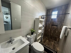A bathroom with a white sink, toilet, and shower area. There is a mirror above the sink and a potted plant on the counter. - 2-bedroom apartment in superb Toa Baja with AC comfort (Toa Baja)